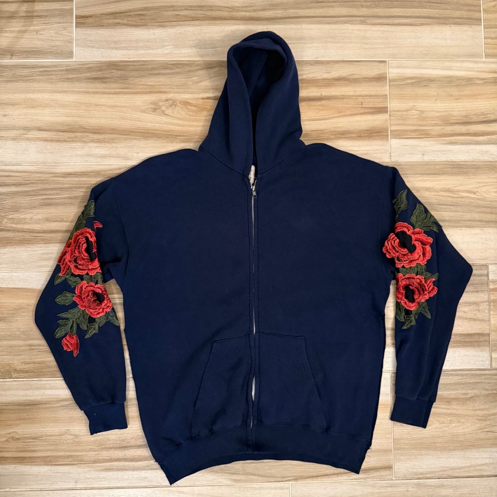 Furst of a Kind Navy Blue Rose Embroidered Side Slit Zip Up Hoodie Sweatshirt